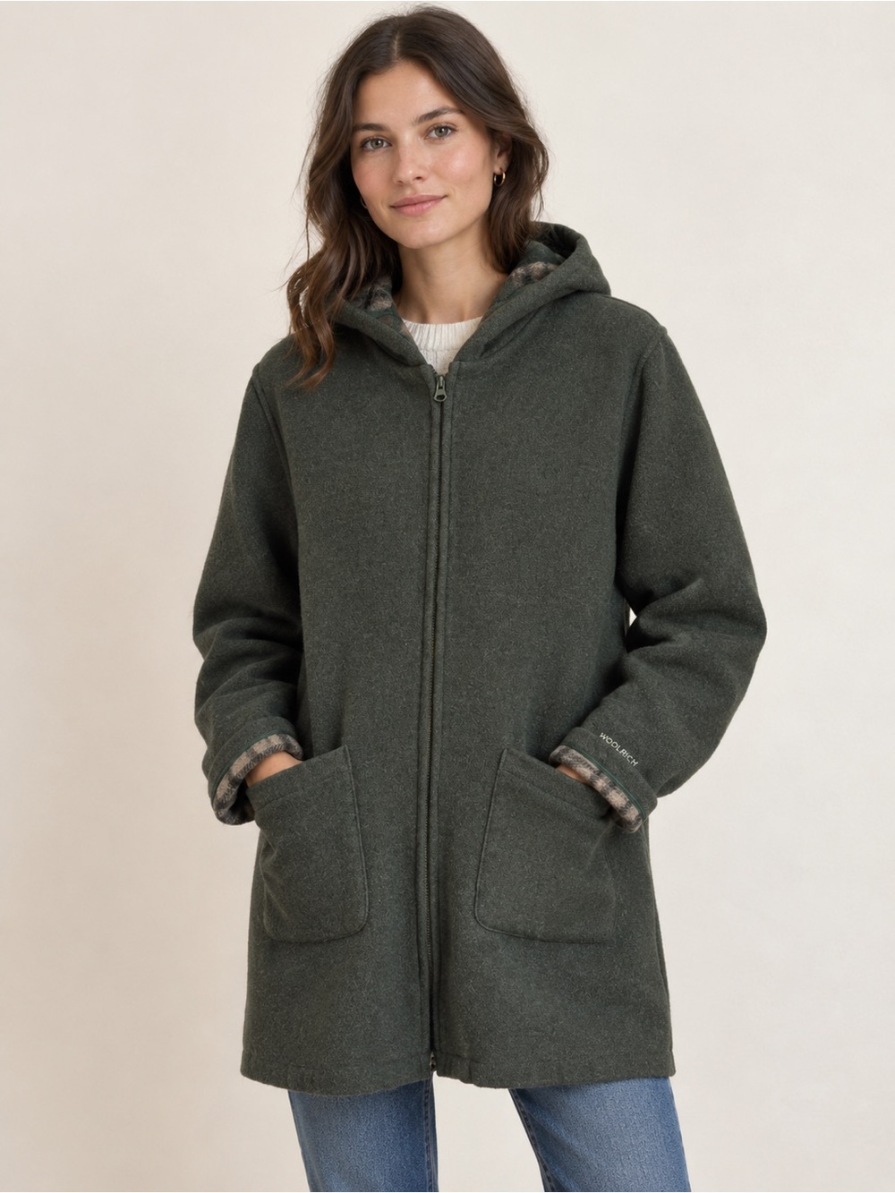 VTG Woolrich Forrest Green Hooded Zip Up Jacket Coat Minimalist 90s Plaid Lined